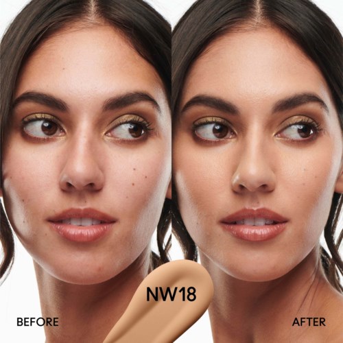 A woman with clear skin before and after using a beauty product, showing improved skin appearance. NW18 label present.