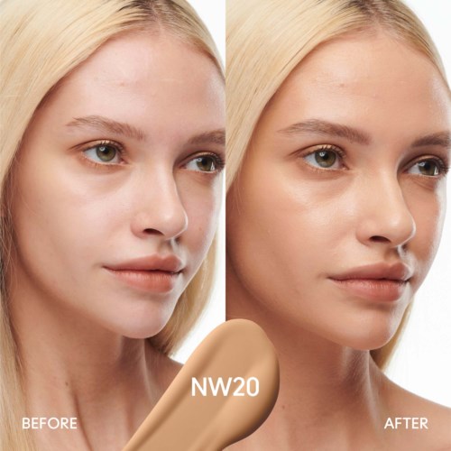 A woman shows a before and after skincare change, with a beauty sponge and improved skin tone.
