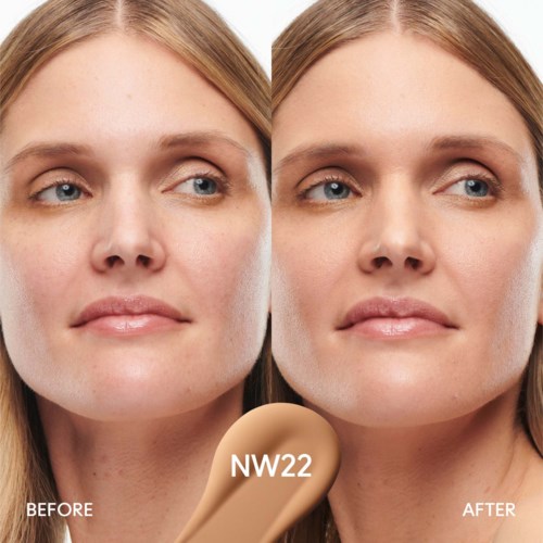 A woman shows before and after results of skincare or makeup, emphasizing improved skin appearance and smoother texture.