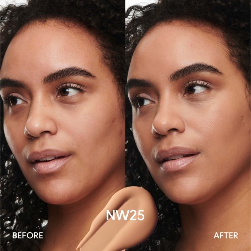 A woman with curly hair shows a facial transformation, with smoother skin and even tone after applying makeup NB25.