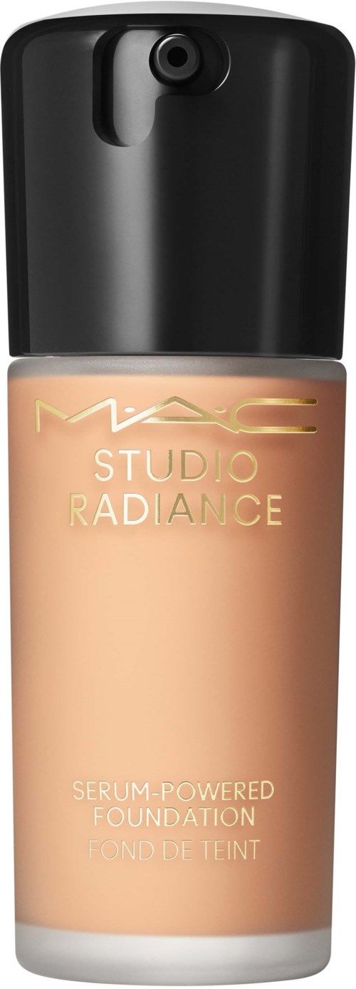 A foundation bottle with a black pump and beige liquid inside. Text shows brand MAC and product details.