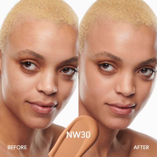 Two photos show a woman with short blonde hair, before and after makeup. The second photo shows smoother, more even skin.