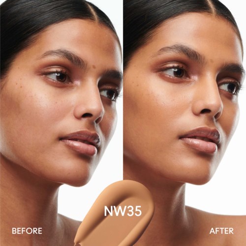 Before and after images showing skin improvement, product color is beige labeled NW35, focus on face skin clarity.