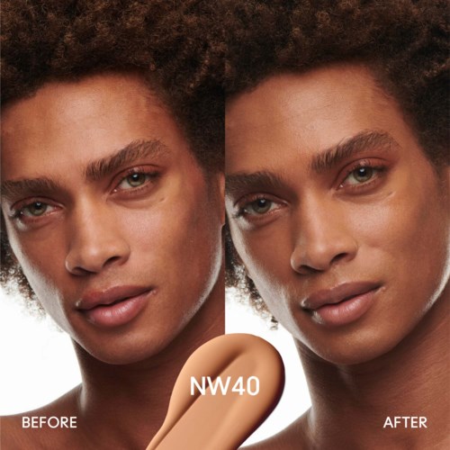 A woman shows a before and after makeup makeover, highlighting smooth skin and enhanced features. NW40 foundation shade is used.