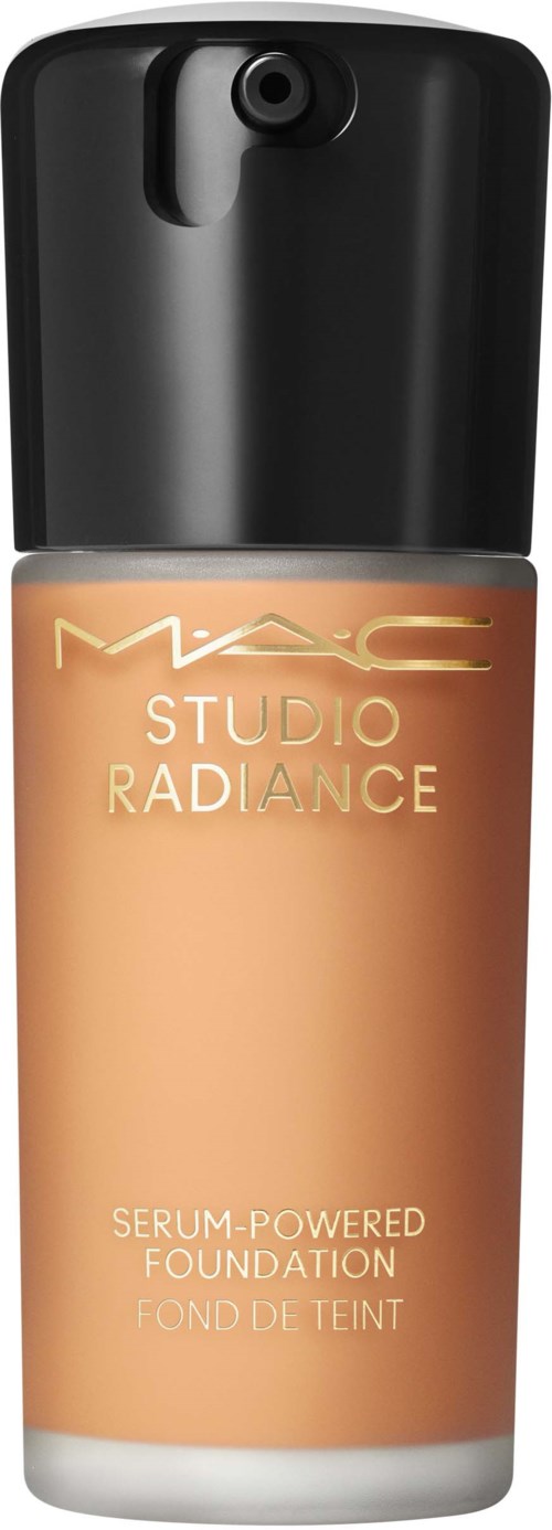 A foundation bottle with a black cap, beige liquid inside, and gold text that says MAC Studio Radiance.