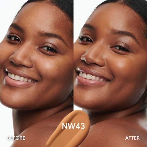 Before and after photos showing a woman smiling, skin looks smoother and more even after makeup application.