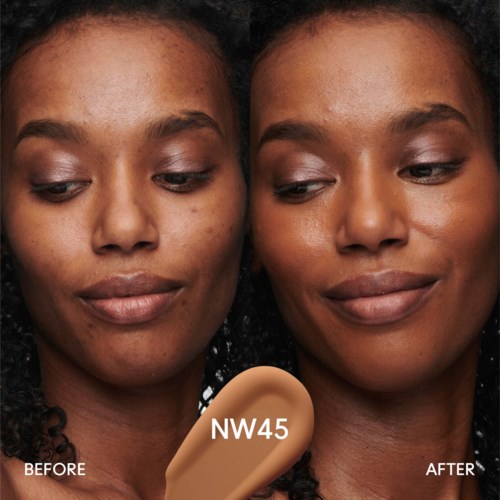 Before and after images of a woman's face showing skin improvement and makeup application. NW45 shade label.