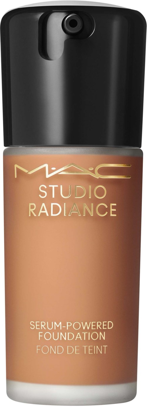 A foundation bottle with a black cap, light brown liquid, and text logo on the front.