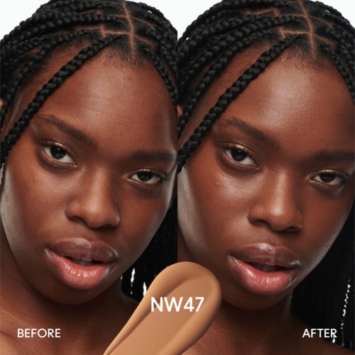 Two photos of the same woman, showing her hair before and after a hair treatment or styling. The woman has braids.
