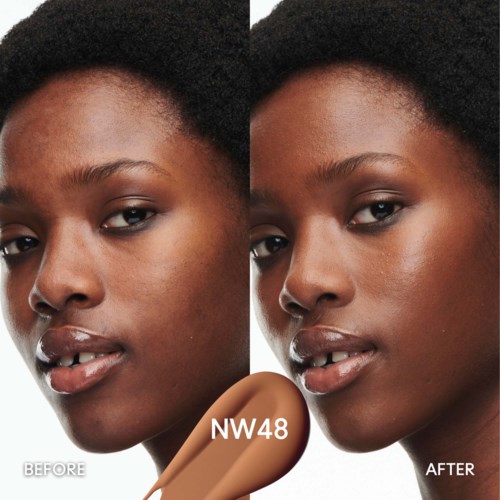 Before and after images of a woman with clearer, smoother skin. She has natural black hair and a neutral expression.