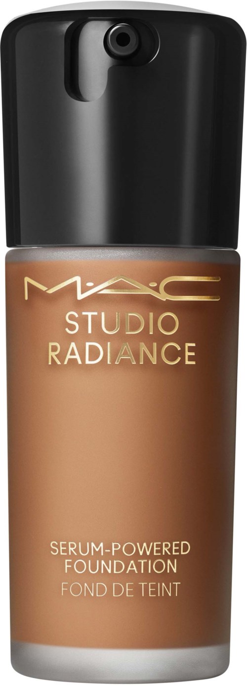 A bottle of MAC Studio Radiance liquid foundation with a black cap and beige body.