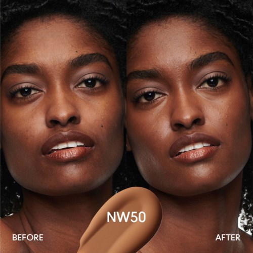 The image shows a woman with dark, curly hair and flawless skin, indicating a before and after skincare or makeup correction.