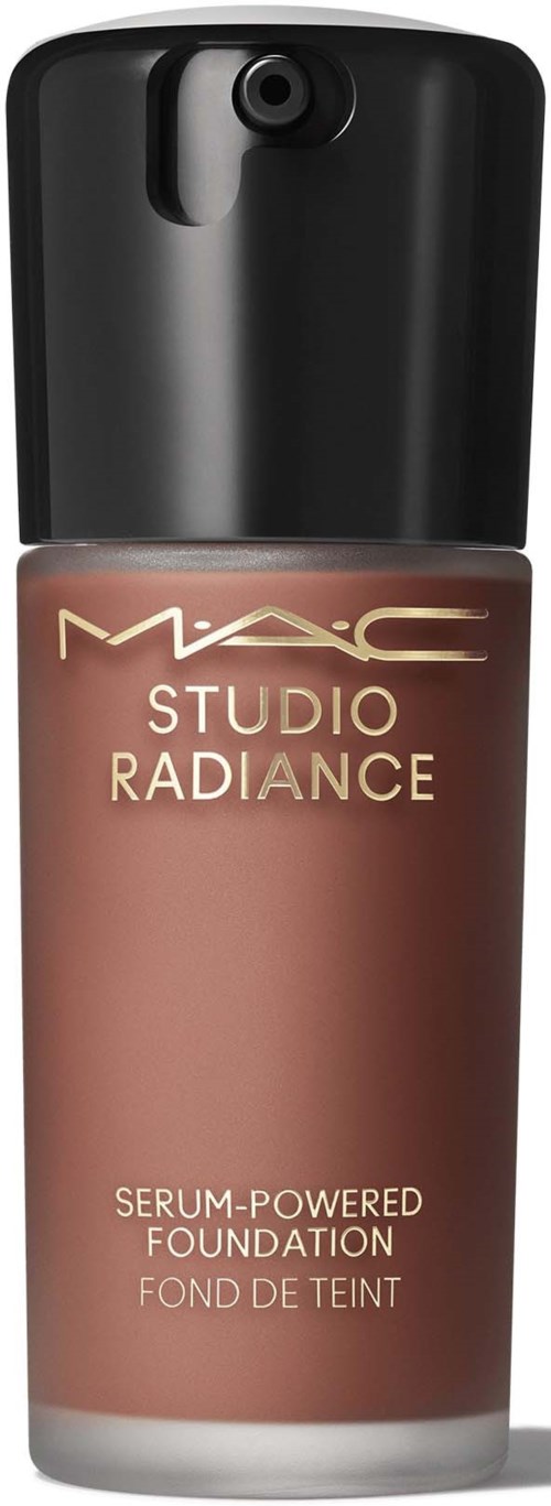 A bottle of MAC Studio Radiance foundation with a black cap and brown liquid inside.