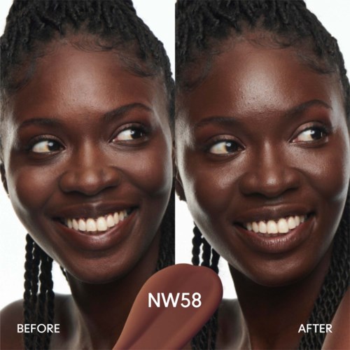A woman smiling shows before and after makeup effects on her face with a product in the middle.