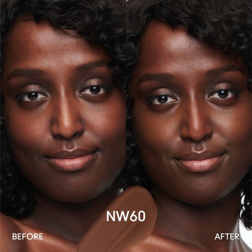A side-by-side comparison of a woman with dark skin before and after makeup or skincare. The words NW60 are in the center.