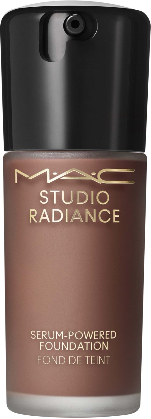 A bottle of MAC Studio Radiance serum-powered foundation in brown shade with a black cap.