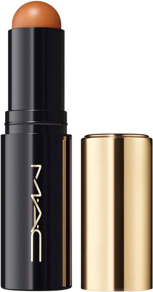 MAC-merkevaren på et svart leppestift med gyllenfarget hette og beige leppestift.
