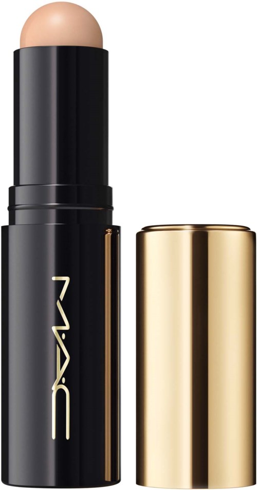 MAC kosmetikkstift med synlig beige farge øverst, svart kropp med gull MAC-logo, gullhette båret ved siden av.