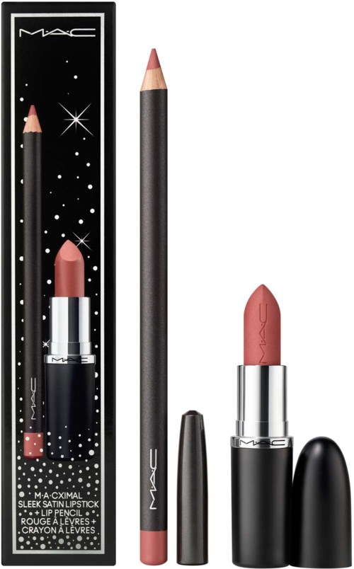 MAC lip products including a sleek lipstick, lip pencil, and a blush in a black and pink packaging.