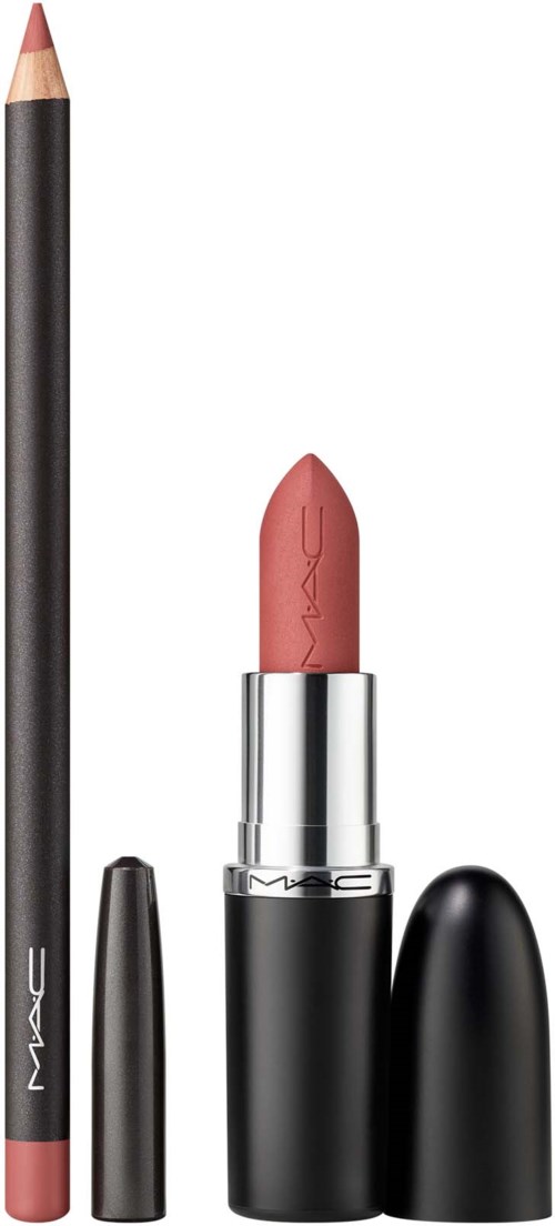 A MAC lipstick with the cap off, showing the soft pink shade and the black tube. A matching lip pencil is next to it.