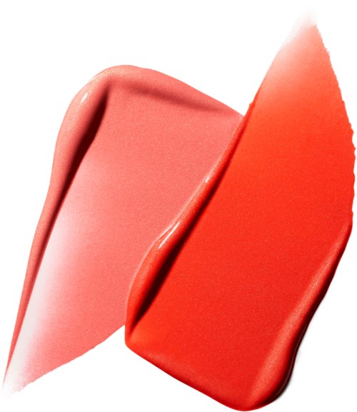 Two lipstick swatches, light pink and bright red, on a white background.