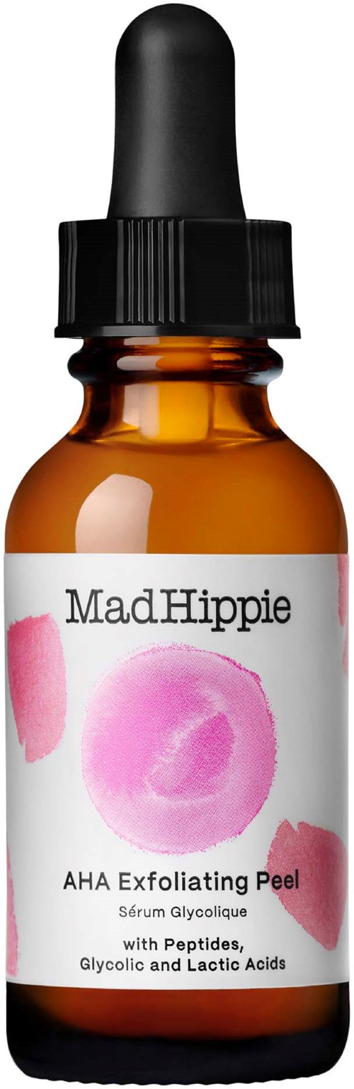 Brown glass bottle with a black dropper cap, label says 'Mad Hippie AHA Exfoliating Peel', with pink circles on label.