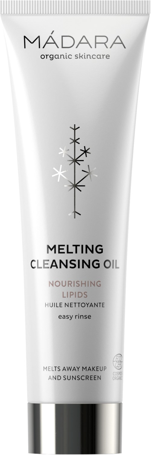 A white tube of MÁDARA Melting Cleansing Oil with black and silver text and a leaf design.