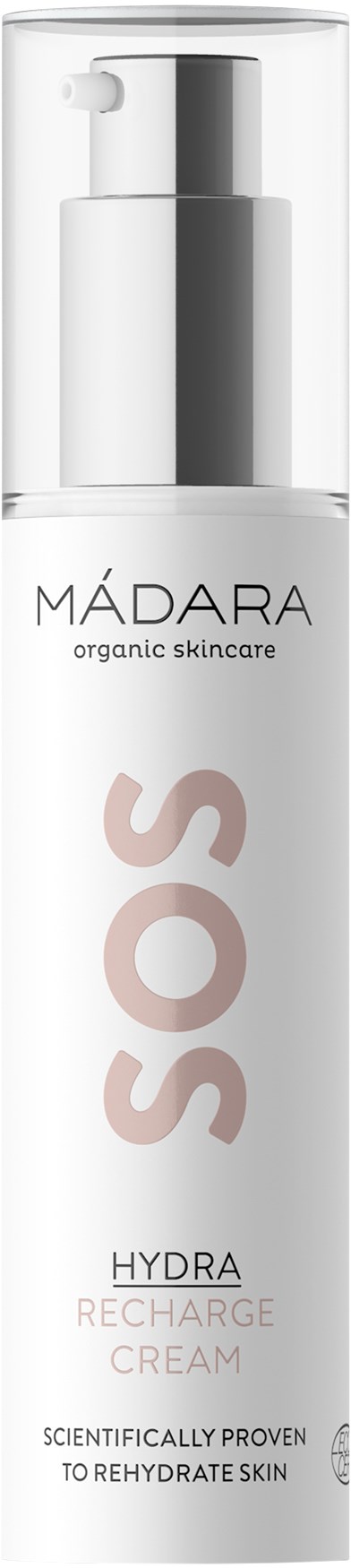 A white skincare bottle with a pump, labeled MÁDARA SOS Hydra Recharge Cream, indicating it's for rehydrating skin.