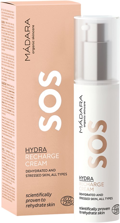 A skincare product called SOS Hydra Recharge Cream, in a white bottle, with a pink box beside it.