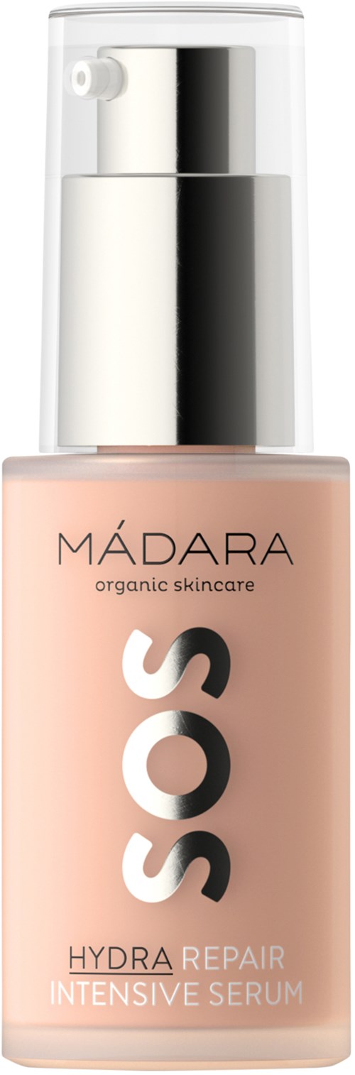Een licht roze fles met pomp, gelabeld MÁDARA SOS Hydra Repair Intensive Serum, voor huidverzorging.