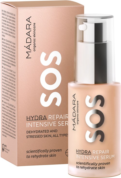 Een roze doos en een roze fles SOS Hydra Repair Intensive Serum voor uitgedroogde, gestreste huid met pomp.