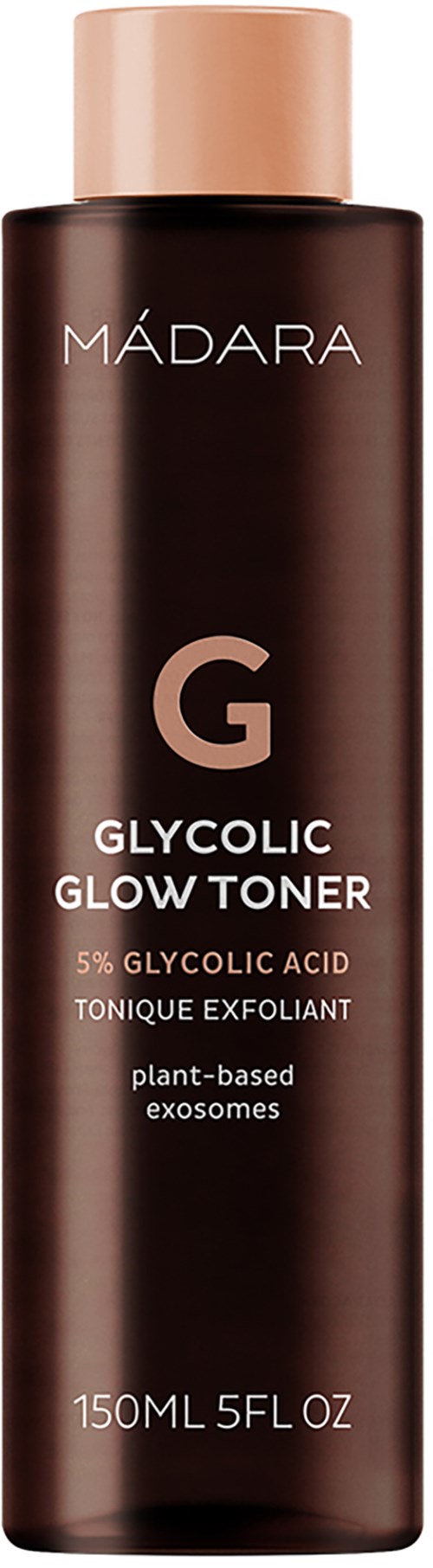 A brown bottle of Glycolic Glow Toner with a beige cap, brand name Madara, weight 150ml.