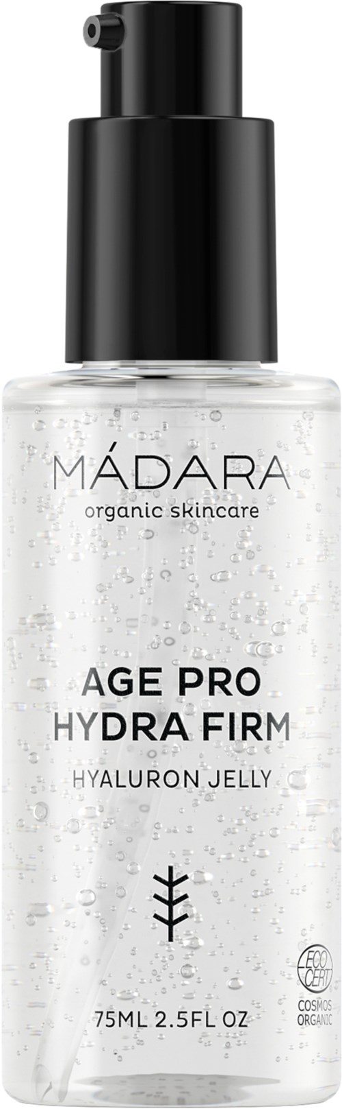 Läpinäkyvä pullo, jossa musta pumppu, nimeltään 'MÁDARA organic skincare, AGE PRO HYDRA FIRM, Hyaluron Jelly, 75 ml,' sisältää näkyvästi ilmapalloja.