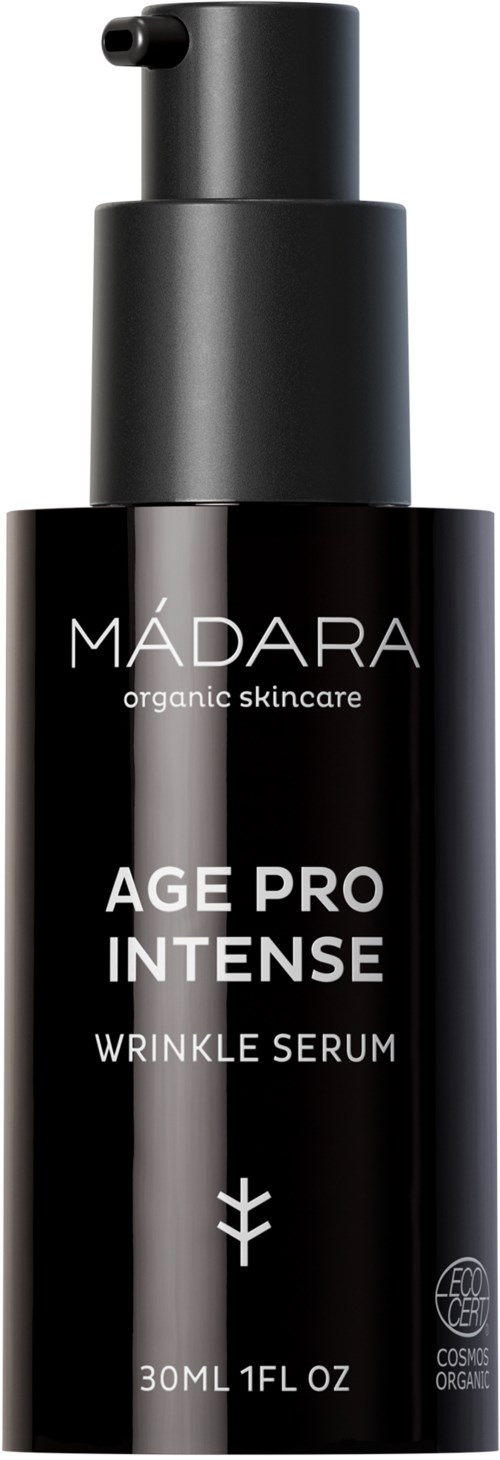 A black bottle with a pump labeled 'MÁDARA Age Pro Intense Wrinkle Serum' for skincare.
