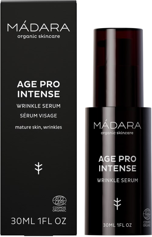 A black box and bottle of MADARA Age Pro Intense Wrinkle Serum, each labeled with product name and details, designed for mature skin.