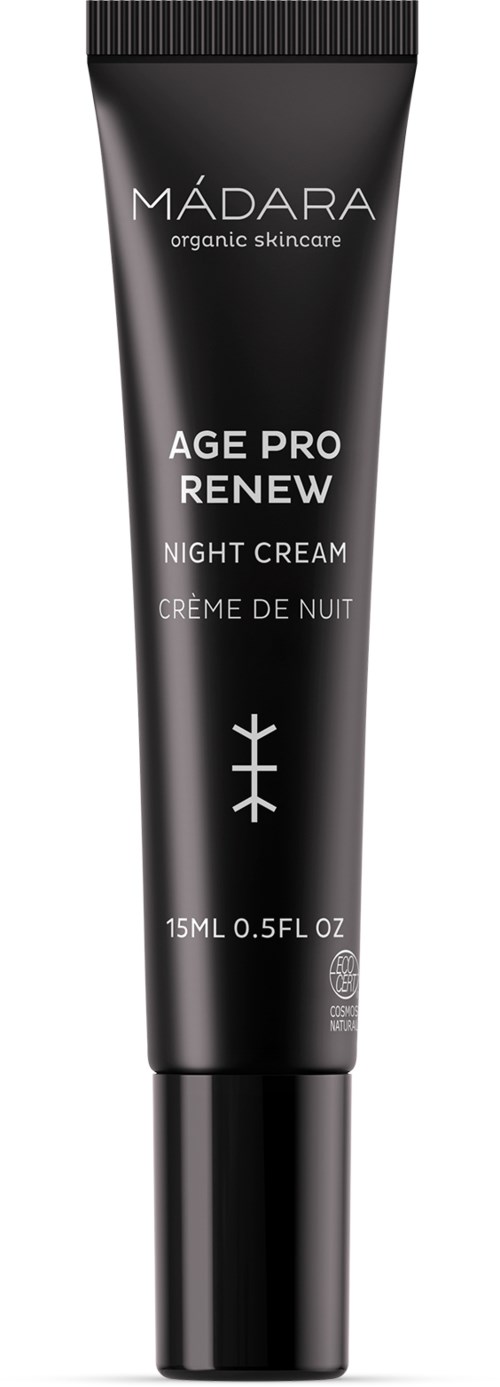 A black tube of Mádara Age Pro Renew Night Cream with white text and symbols.