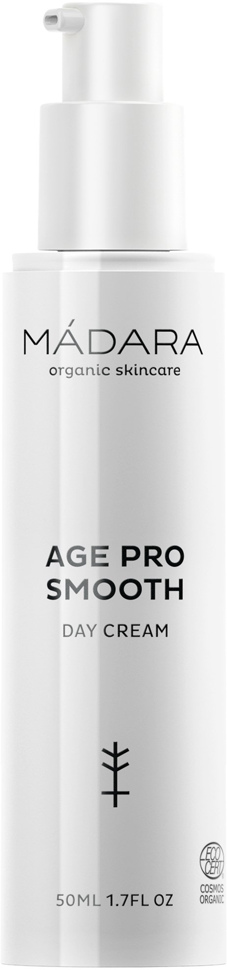 A white bottle of Madara skincare product labeled 'Age Pro Smooth Day Cream' with a pump top.