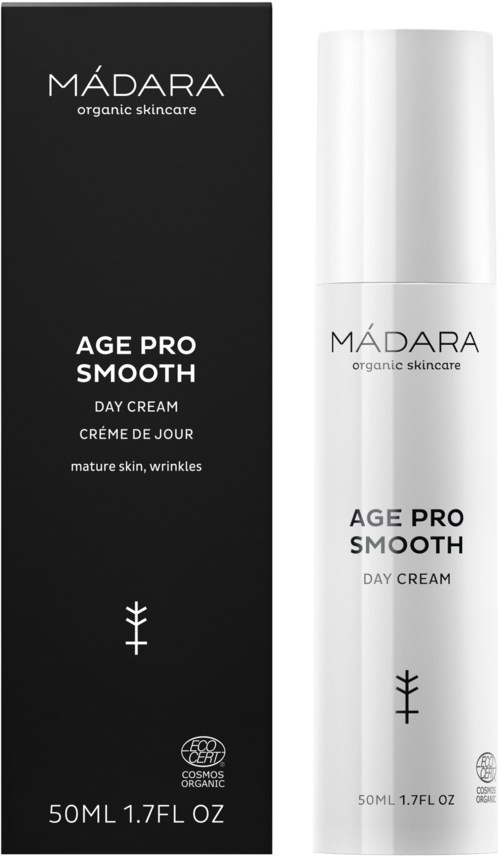 A black box and a white bottle of Madara Age Pro Smooth Day Cream, designed for mature skin and wrinkles.