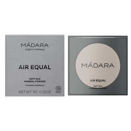 Two makeup powder boxes, one gray with text and one grey with a circle and text inside.