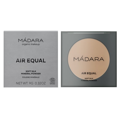 The image shows a makeup product box and an open compact with powder. The box and compact have simple, clean designs.