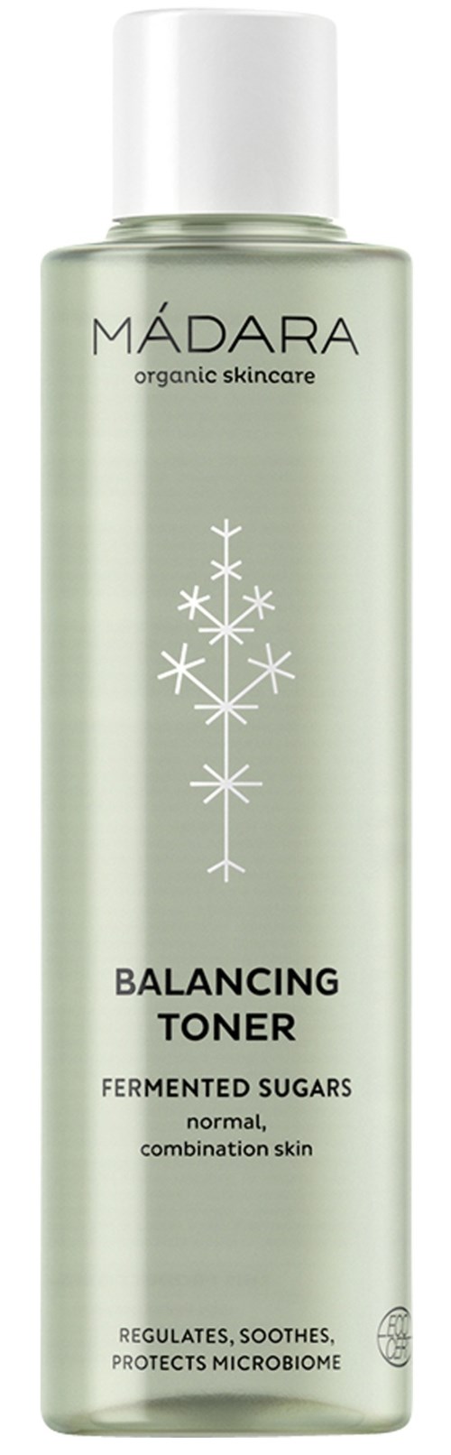 A tall, light green bottle of MÁDARA balancing toner for everyday use. It has a white cap and simple snowflake design.