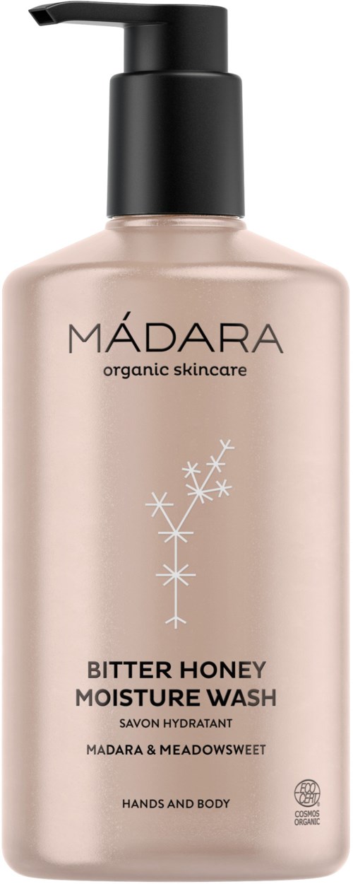 A beige bottle with a black pump, labeled 'MADARA organic skincare,' with 'Bitter Honey Moisture Wash' written on it.