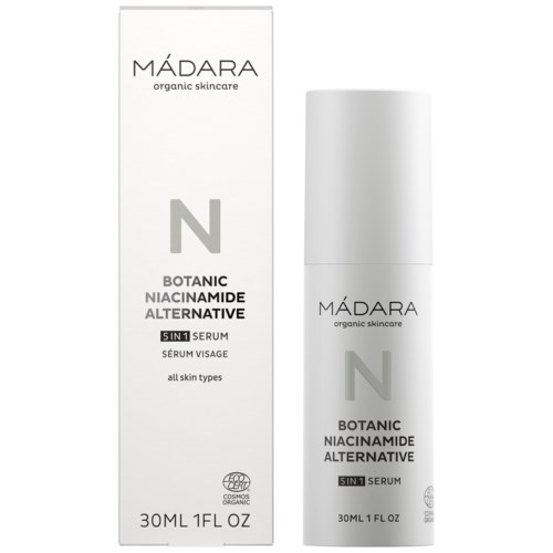 A white box and a white bottle of MADARA Botanic Niacinamide Alternative serum for all skin types, 30ml.