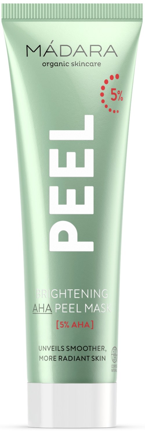 Green tube with white and red text, promoting a skincare peeling treatment for brighter, smoother skin.