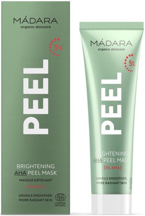 Green tube and box for Madara brightening peel mask; text highlights 5% AHA and smooth skin benefits.
