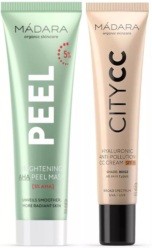 Two skincare tubes, one green and one beige, with labels for peeling mask and CC cream.