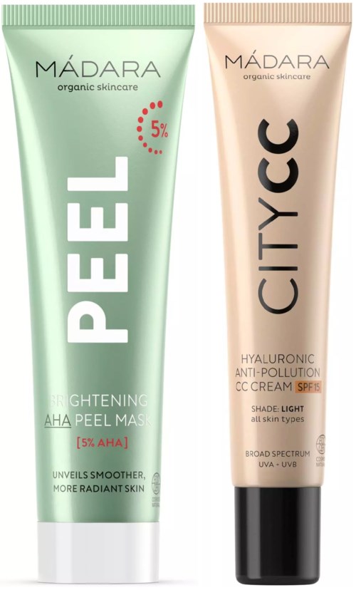 Two skincare products: a green peel mask and a beige cc cream, both from Mádara, for glowing and protected skin.