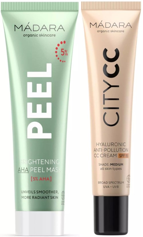 Two skincare tubes, one green labeled Peeling and one beige labeled City CC, with SPF and broad spectrum protection.