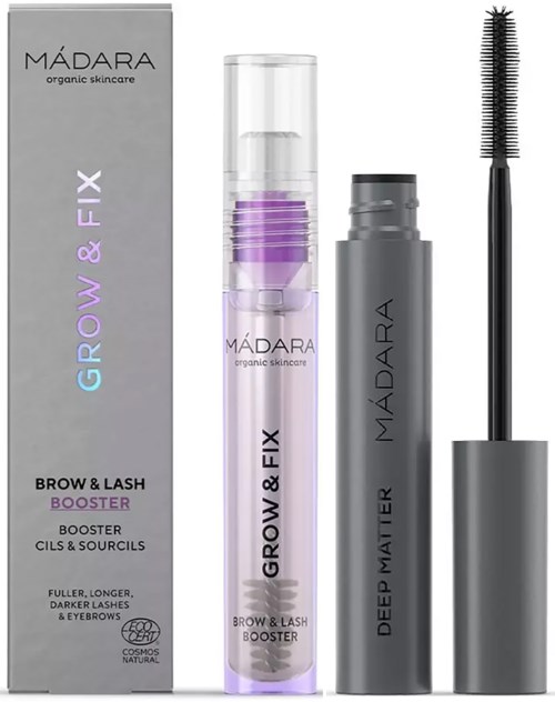 A brow and lash booster product in a clear bottle with purple accents, alongside a gray container and a mascara wand.