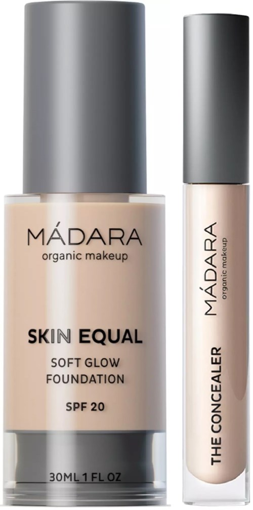 Two makeup products: a foundation and a concealer, both from Madara, in silver and clear bottles.
